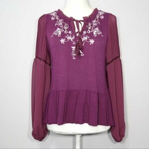 White House Black Market WHBM Magenta Long Sleeve Top Tie Front Embroidered Boho